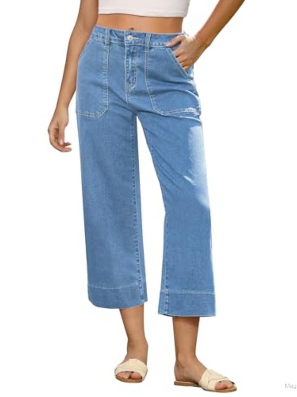 Capri Jeans High Waisted Wide Leg Stretchy Cropped Denim Pants